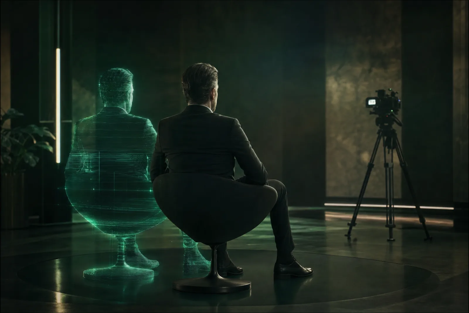 Cinematic frame of a presenter beside his AI holographic double in a studio
