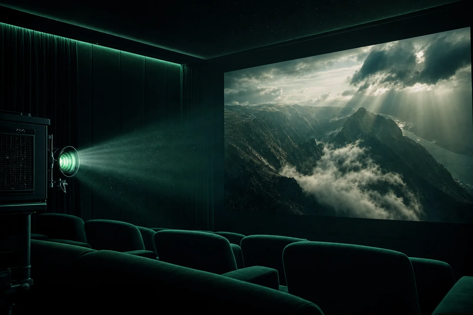 Cinematic frame of a brand film screening in a private theater