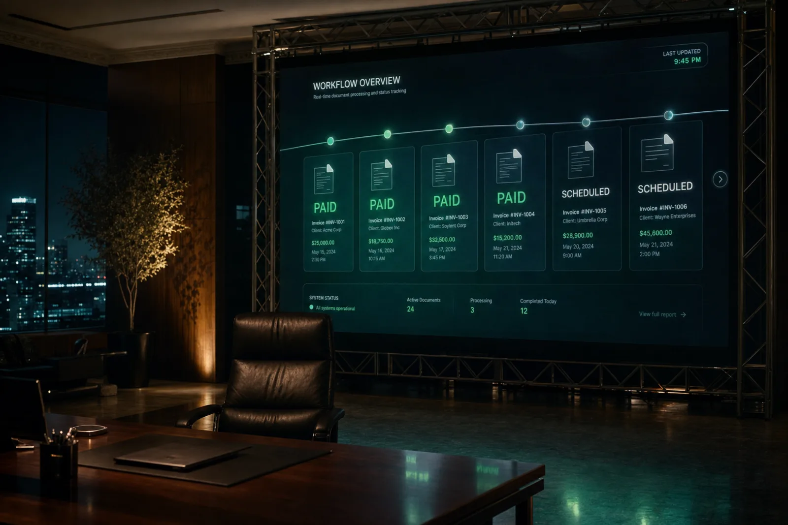 Cinematic frame of an automated workflow wall completing paid and scheduled tasks