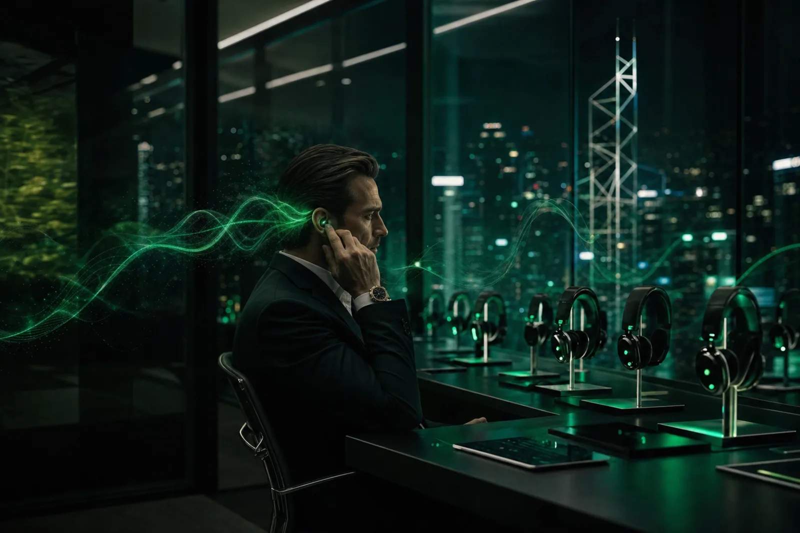 Cinematic frame of a businessman on an AI-powered call in a glass call suite