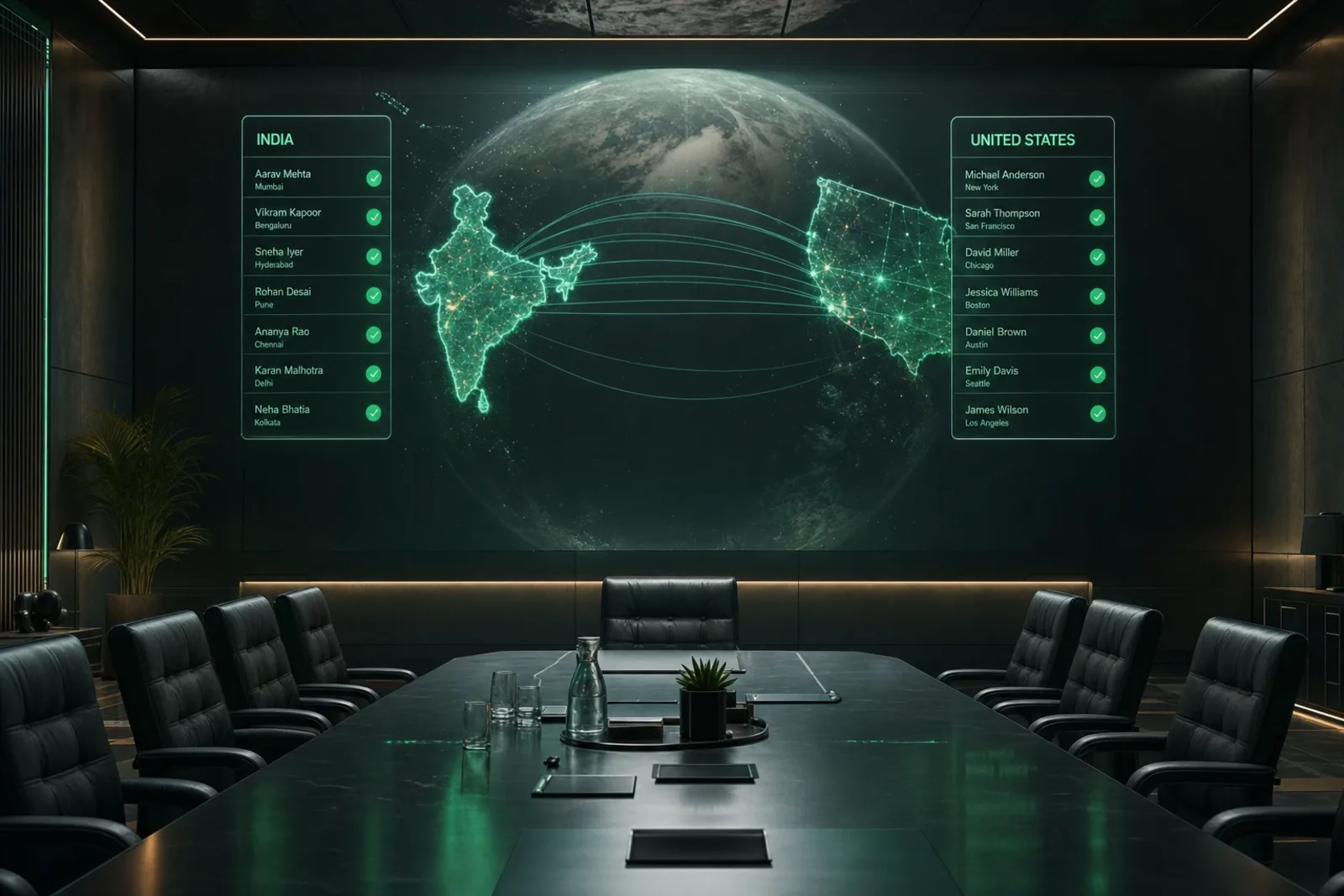 Cinematic frame of verified B2B lead data flowing between India and the US on a glowing globe