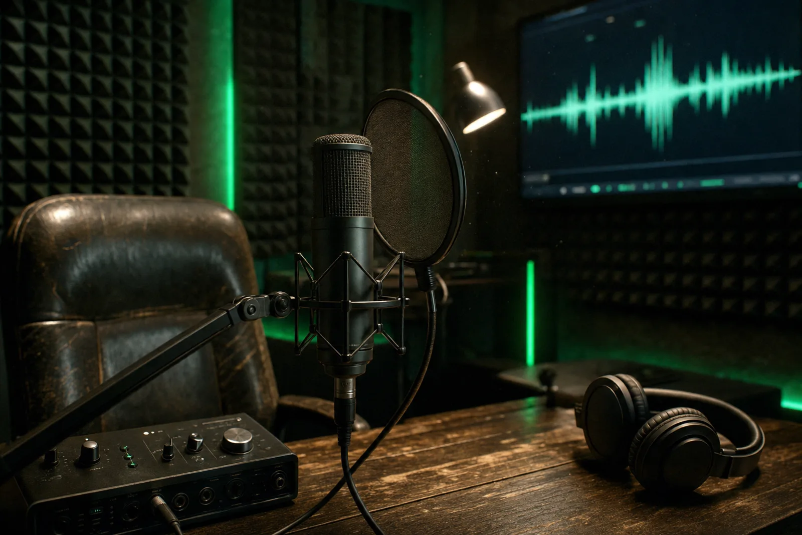 Cinematic frame of a podcast studio recording with an emerald waveform