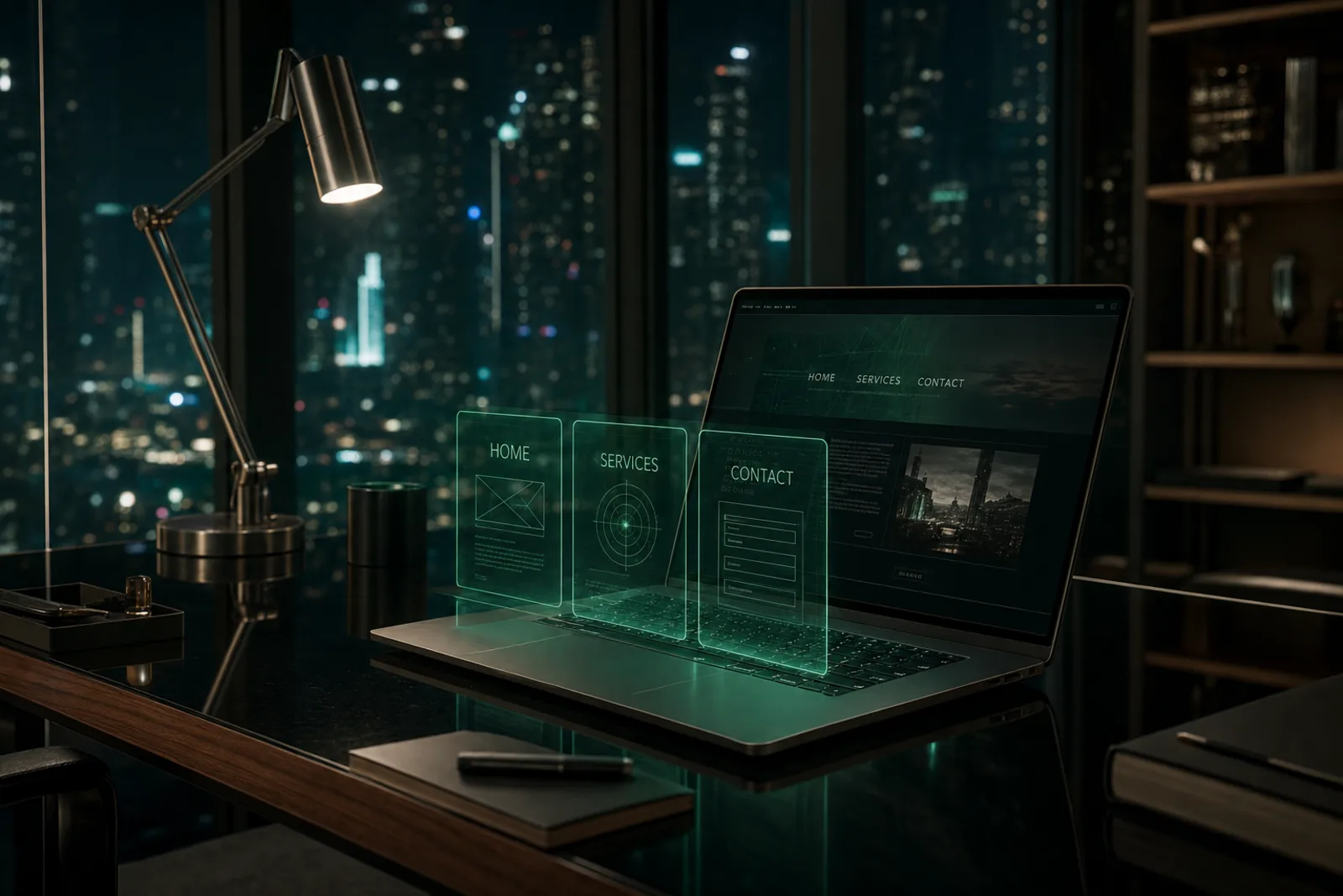 Cinematic frame of a custom website assembling in holographic panels above a designer laptop in a dark studio